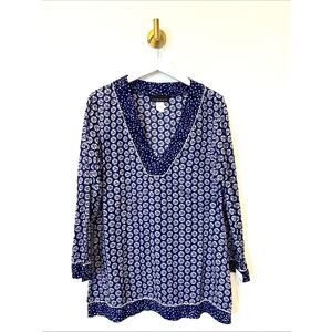 La Blanca Navy and White Coastal Printed V-Neck Tunic Cotton Top Resort, Summer
